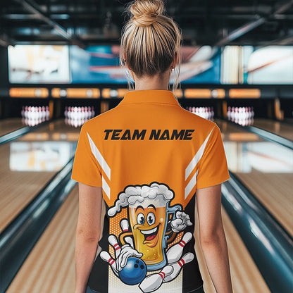 Custom Funny Beer Bowling Polo Shirts For Women, Yellow Bowling Team Bowling League Shirt IPHW8930