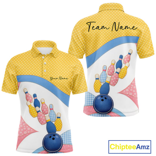 Front and back view of a men’s bowling polo shirt featuring colorful bowling balls, pins, polka dots, and patchwork-style artwork.
