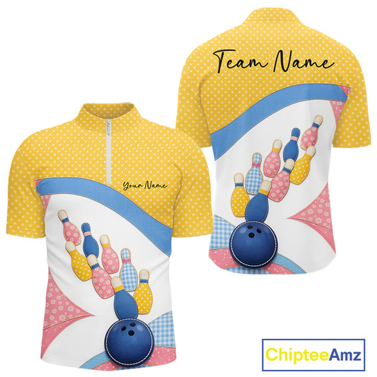 Front and back display of a men’s bowling quarter-zip shirt featuring colorful bowling balls, pins, polka dots, and patchwork-style artwork.