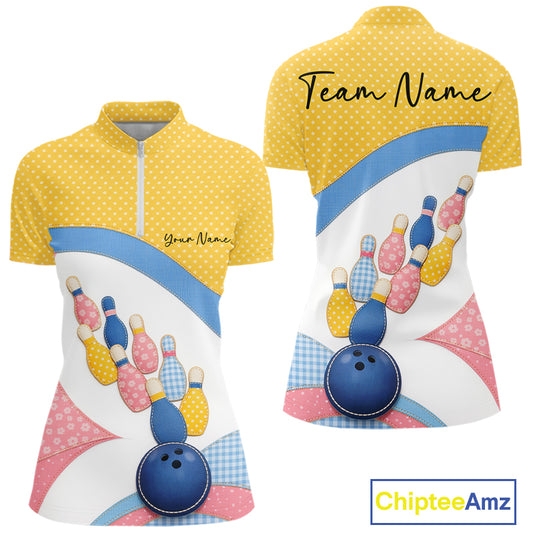 Front and back mockup of a women’s bowling quarter-zip shirt featuring colorful bowling balls, pins, polka dots, and patchwork-style graphics.