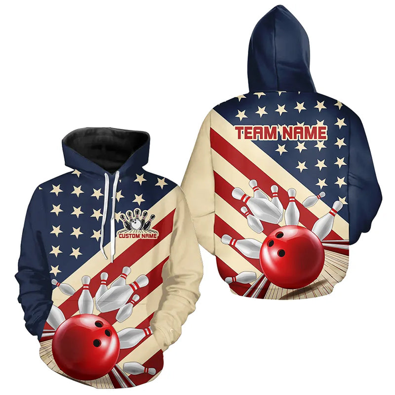 Custom Vintage US Flag Bowling Team Hoodie Shirt For Men And Women, Retro Patriotic Bowling Jerseys IPHW6515