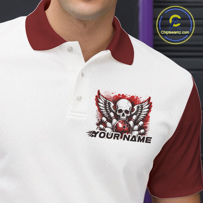 Close of a white mens bowling shirt with polo collar, red skull-themed bowling graphic with black wings, pins, bowling ball
