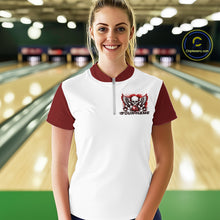 Load image into Gallery viewer, A woman stands in a bowling alley wearing a bowling shirt with quarter zip collar, red skull-themed bowling graphic with black wings, pins, bowling ball