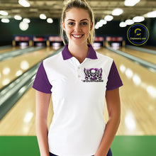 Load image into Gallery viewer, A woman stands in a bowling alley wearing a bowling shirt with polo collar, purple skull-themed bowling graphic with black wings, pins, bowling ball