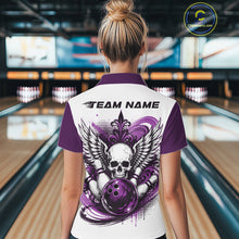 Load image into Gallery viewer, Back view of a woman in a bowling alley wearing a bowling shirt with quarter zip collar, purple skull-themed bowling graphic with black wings, pins, bowling ball shirt with “Team Name” across the shoulders.