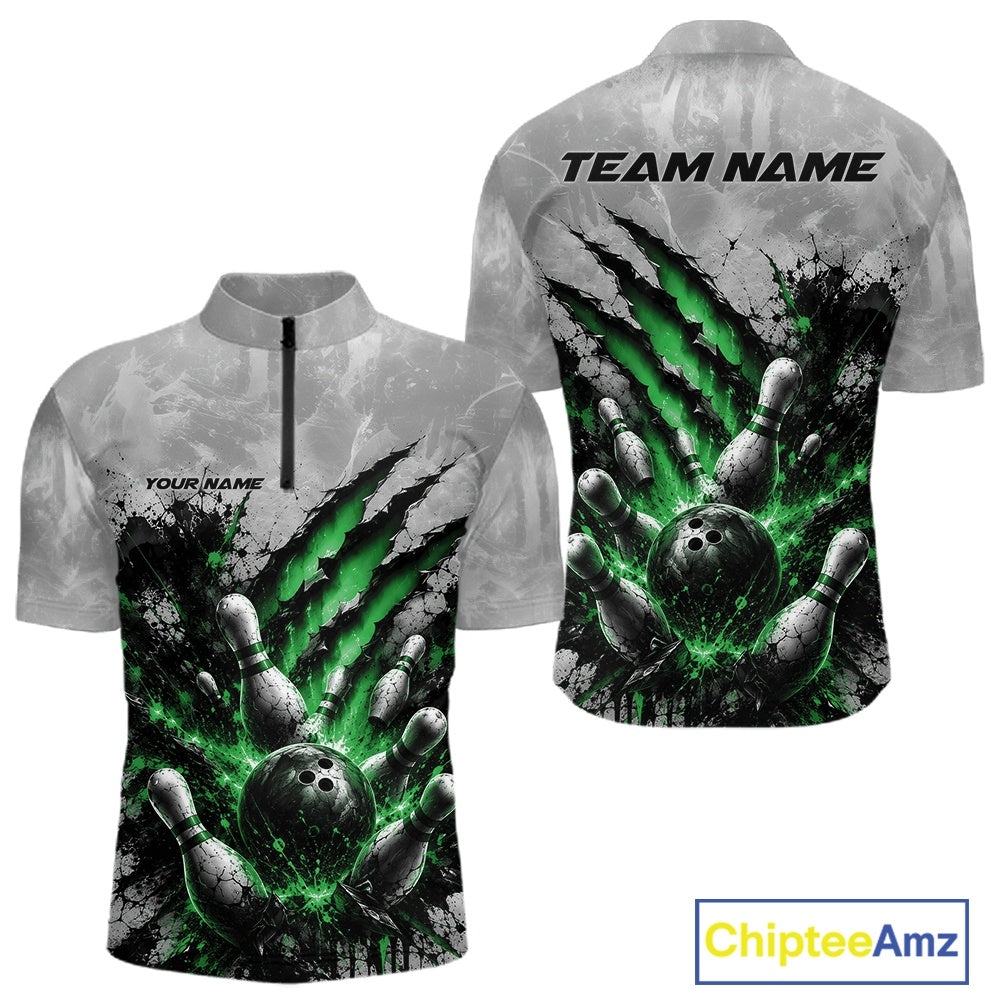 Front and back view of a men's bowling quarter zip shirt mockup featuring a dramatic green bowling ball and pins graphic with claw-mark artwork on a gray shirt.