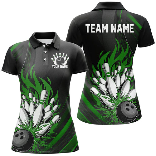 Personalized Ladies Bowling Shirts, Black And Green Flame Bowling Team Shirt Bowlers Outfit IPHW7209