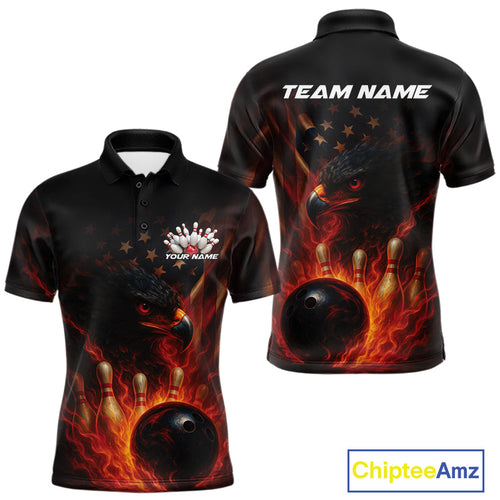 Custom Vintage Patriotic Flame Eagle Bowling Men Shirts, US Flag Bowling League Shirt IPHW10145