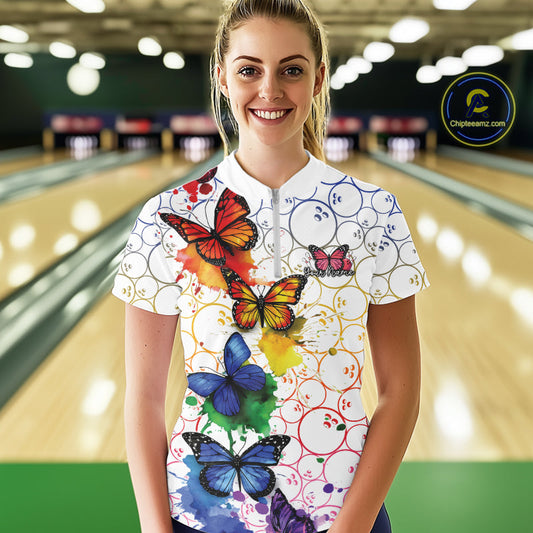 Custom Rainbow Colorful Butterfly Women Bowling Shirt, Watercolor Bowling Shirt IPHW10157