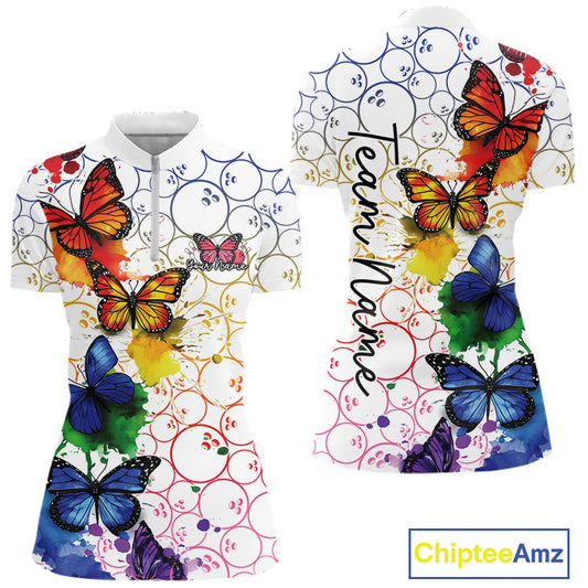Custom Rainbow Colorful Butterfly Women Bowling Shirt, Watercolor Bowling Shirt IPHW10157