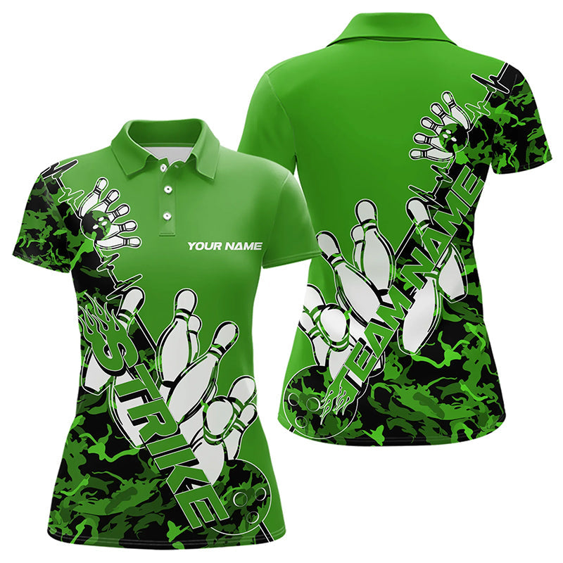 Custom Green Camo Strike Womens Bowling Polo Shirts, Strike Team Bowling League Shirt Shirt IPHW8445