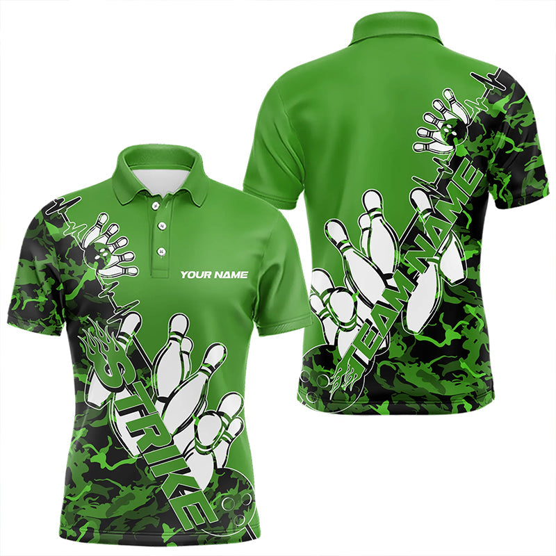 Custom Green Camo Strike Bowling Polo Shirts For Men, Strike Team Bowling League Shirt Shirt IPHW8445