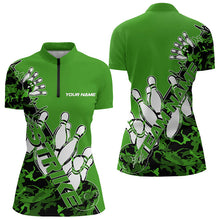 Load image into Gallery viewer, Custom Green Camo Strike Womens Bowling Quarter-Zip Shirts, Team Bowling League Shirt Shirt IPHW8445