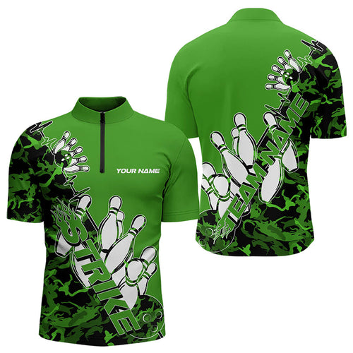 Custom Green Camo Strike Bowling Quarter-Zip Shirts For Men, Strike Team Bowling League Shirt Shirt IPHW8445