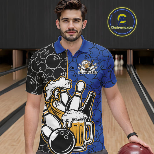 Custom Black And Blue Retro Bowling Beer Team Shirts For Men, Bowling Pattern Jerseys IPHW10537