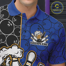 Load image into Gallery viewer, Custom Black And Blue Retro Bowling Beer Team Shirts For Men, Bowling Pattern Jerseys IPHW10537