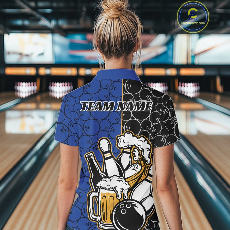 Custom Black And Blue Retro Bowling Beer Team Shirts For Women, Bowling Pattern Jerseys IPHW10537
