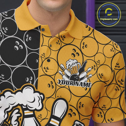 Custom Black And Yellow Retro Bowling Beer Team Shirts For Men, Bowling Pattern Jerseys IPHW10538