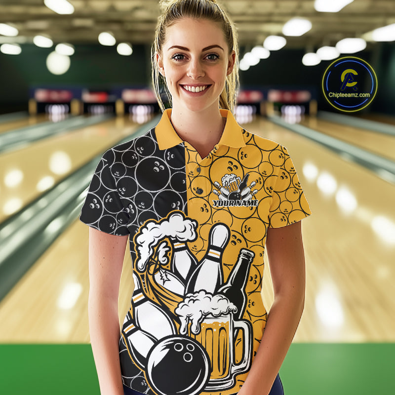 Custom Black And Yellow Retro Bowling Beer Team Shirts For Women, Bowling Pattern Jerseys IPHW10538