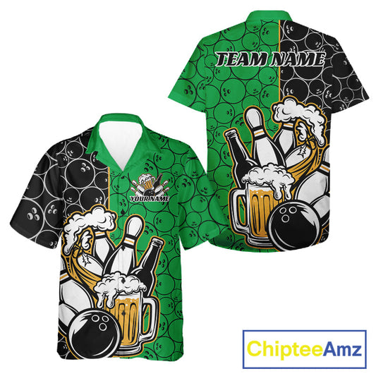 Custom Black And Green Retro Bowling Beer Team Shirts For Men And Women, Bowling Pattern Jerseys IPHW10539