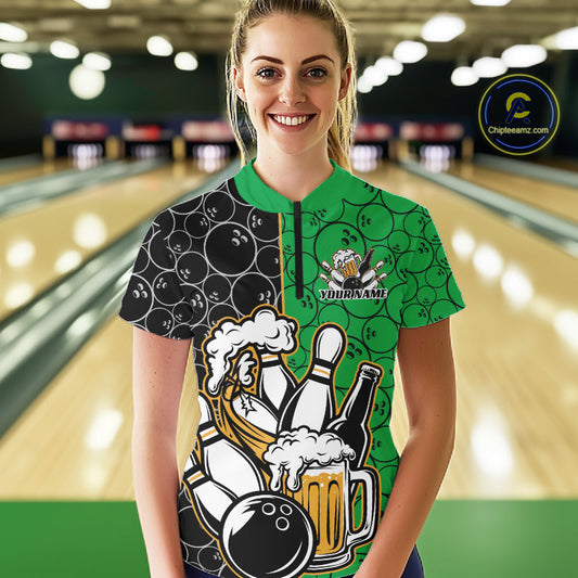 Custom Black And Green Retro Bowling Beer Team Shirts For Women, Bowling Pattern Jerseys IPHW10539