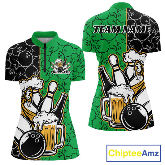 Custom Black And Green Retro Bowling Beer Team Shirts For Women, Bowling Pattern Jerseys IPHW10539