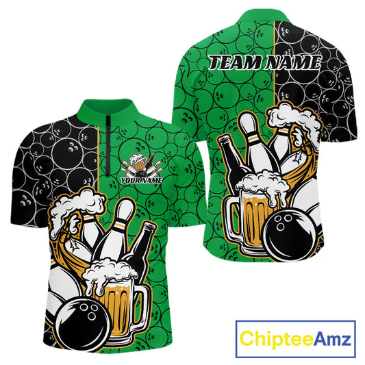 Custom Black And Green Retro Bowling Beer Team Shirts For Men, Bowling Pattern Jerseys IPHW10539