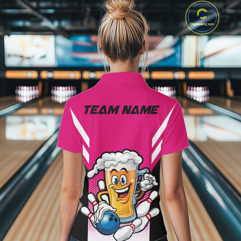 Custom Funny Pink Bowling Jerseys Bowling And Beer Women Polo Shirts, Bowling Jerseys IPHW10542