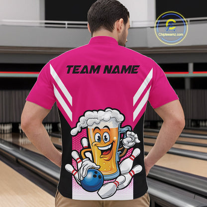 Custom Funny Pink Bowling Jerseys Bowling And Beer Men Quarter-Zip Shirts, Bowling Jerseys IPHW10542