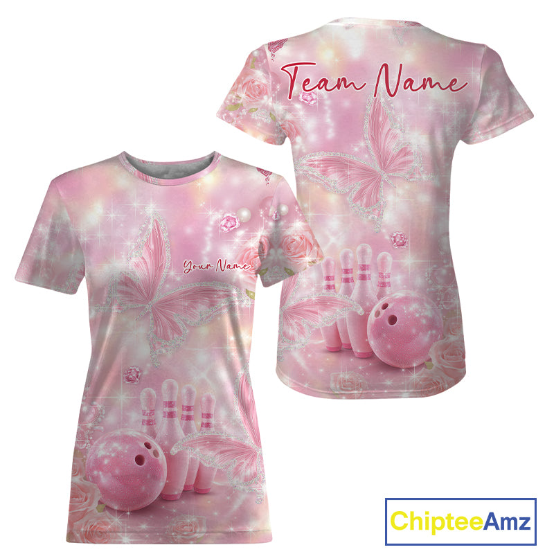Women’s crewneck bowling shirt mockup with front and back views, showcasing pink glitter butterflies, diamonds, bowling pins, and a bowling ball.
