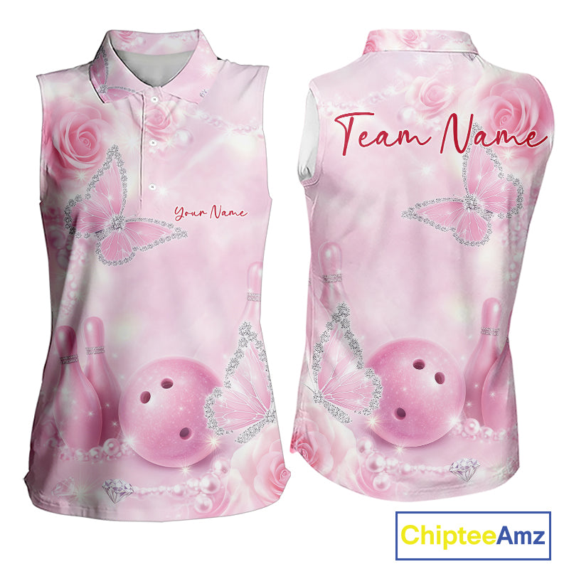 Women’s sleeveless bowling shirt mockup shown front and back with pink glitter butterflies, roses, bowling pins, and bowling ball artwork.