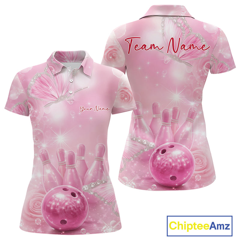Front and back view of a women’s bowling polo shirt featuring pink glitter butterflies surrounding bowling pins and a bowling ball.