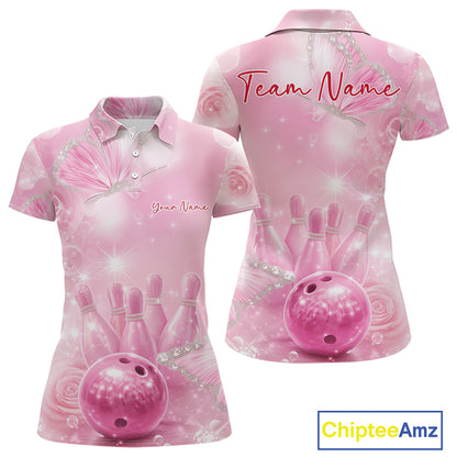 Front and back view of a women’s bowling polo shirt featuring pink glitter butterflies surrounding bowling pins and a bowling ball.