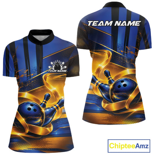 Front and back view of a women's bowling quarter zip mockup featuring a glossy blue bowling ball and pins wrapped in flowing gold ribbon accents.