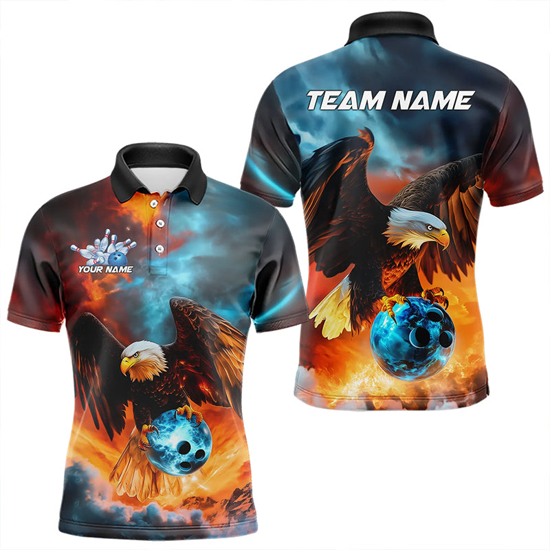 Blue And Orange Custom Flame Eagle Bowling Polo Shirts For Men, Bowling Team Shirt With Name IPHW8449