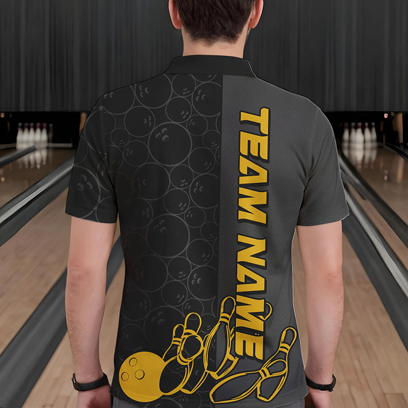 Custom Black And Gold Strike Bowling Polo Shirts For Men, Striking Team Bowling Jerseys IPHW8456