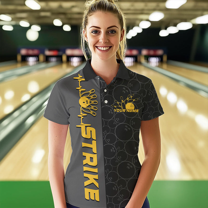 Custom Black And Gold Strike Bowling Polo Shirts For Women, Striking Team Bowling Jerseys IPHW8456