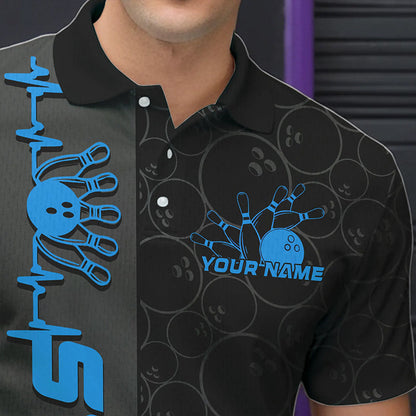 Custom Black And Blue Strike Bowling Polo Shirts For Men, Striking Team Bowling Jerseys IPHW8458