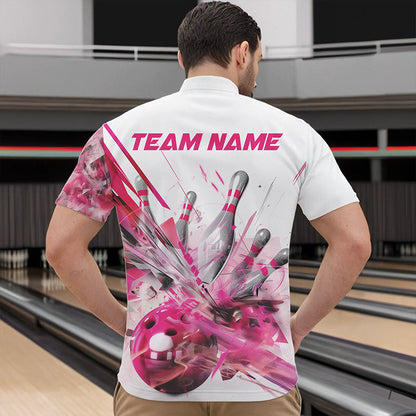 Custom White And Pink Custom Bowling Quarter-Zip Shirts For Men, Bowling Tournament Team Shirt IPHW8460