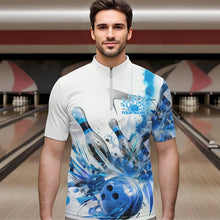 Load image into Gallery viewer, Custom White And Blue Custom Bowling Quarter-Zip Shirts For Men, Bowling Tournament Team Shirt IPHW8461