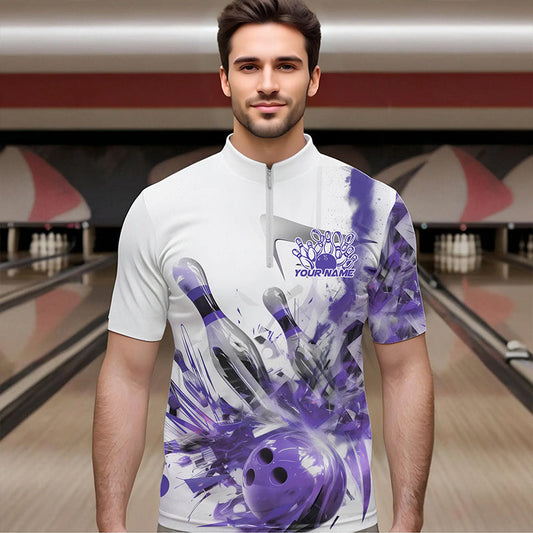 Custom White And Purple Custom Bowling Quarter-Zip Shirts For Men, Bowling Tournament Team Shirt IPHW8462