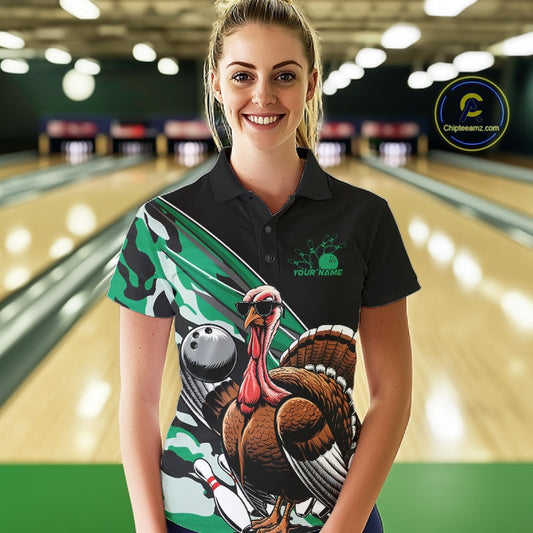 Custom Green Camo Funny Turkey Bowling Team Shirt For Women, Turkey Bowling Jerseys IPHW10551