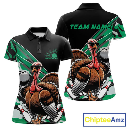 Custom Green Camo Funny Turkey Bowling Team Shirt For Women, Turkey Bowling Jerseys IPHW10551