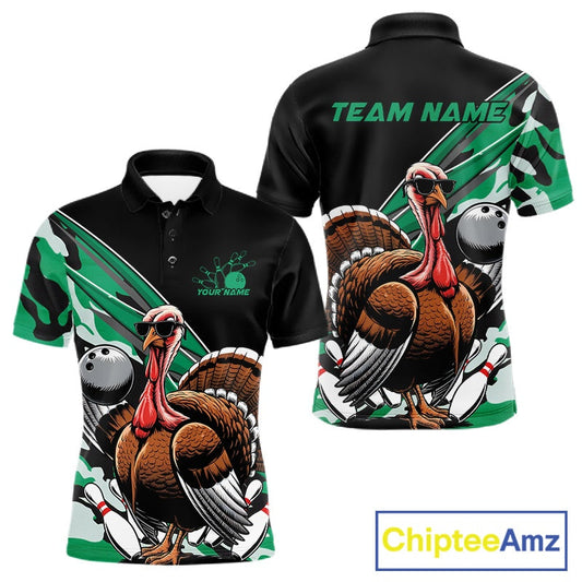 Custom Green Camo Funny Turkey Bowling Team Shirt For Men, Turkey Bowling Jerseys IPHW10551