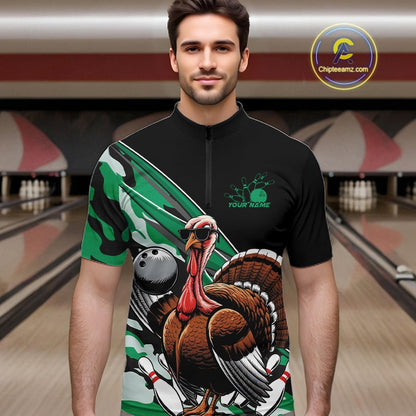 Custom Green Camo Funny Turkey Bowling Team Shirt For Men, Turkey Bowling Jerseys IPHW10551