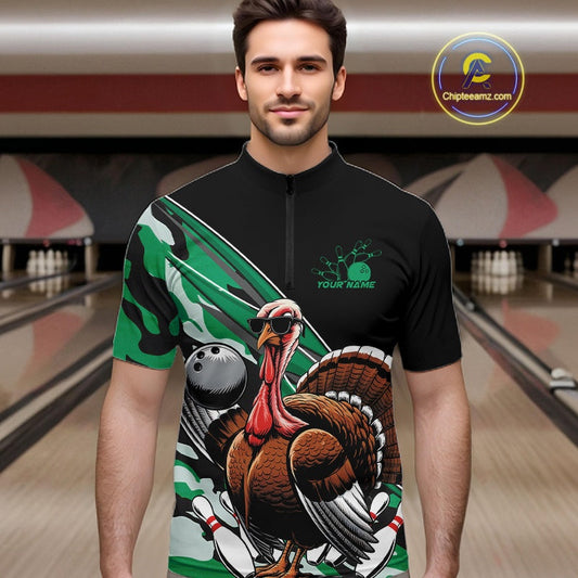 Custom Green Camo Funny Turkey Bowling Team Shirt For Men, Turkey Bowling Jerseys IPHW10551