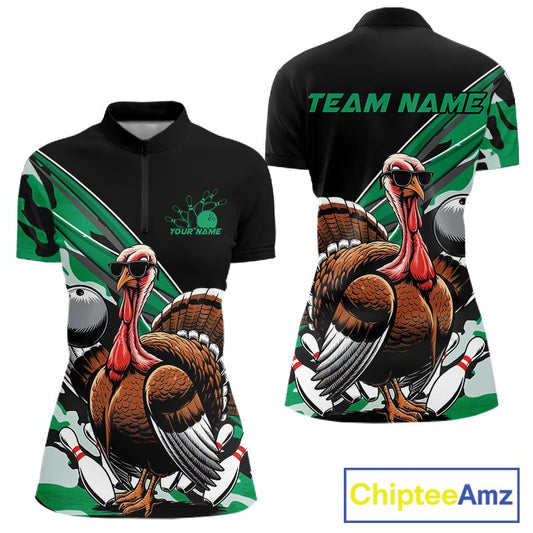 Custom Green Camo Funny Turkey Bowling Team Shirt For Women, Turkey Bowling Jerseys IPHW10551