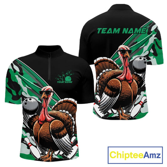 Custom Green Camo Funny Turkey Bowling Team Shirt For Men, Turkey Bowling Jerseys IPHW10551