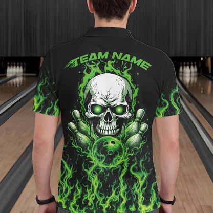 Custom Green Flame Skull Bowling Team Shirts For Men, Halloween Bowling Jerseys IPHW10552