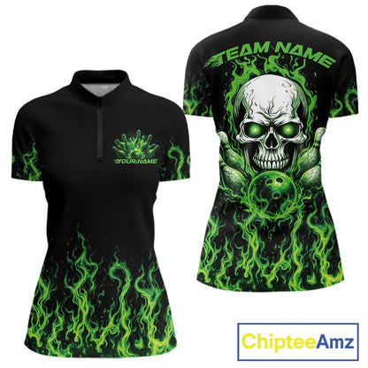Custom Green Flame Skull Bowling Team Shirts For Women, Halloween Bowling Jerseys IPHW10552